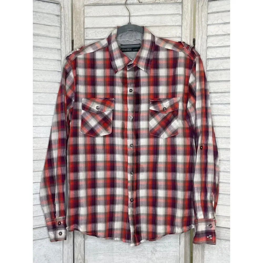 Molokai Surf Co Plaid Button Down Shirt Convertible Sleeve Medium